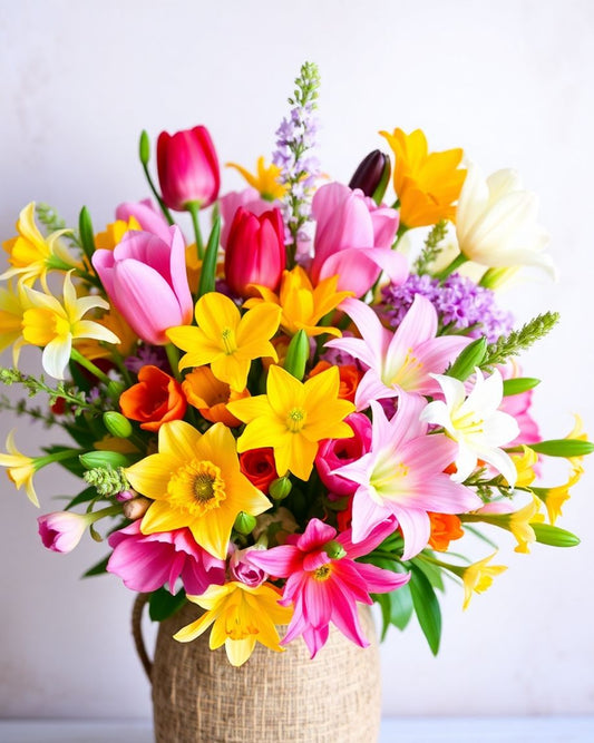 Colourful seasonal flowers in a rustic vase.