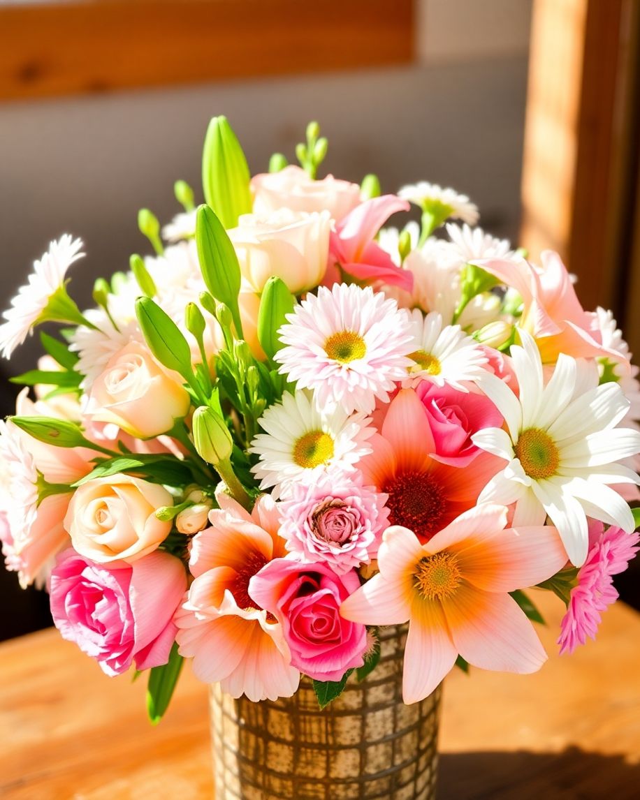A colourful bouquet of flowers in a vase.