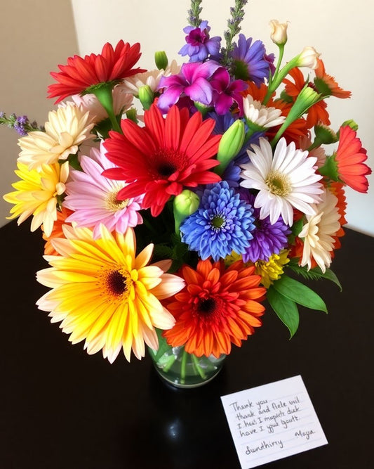 Colourful flowers and a handwritten note together.
