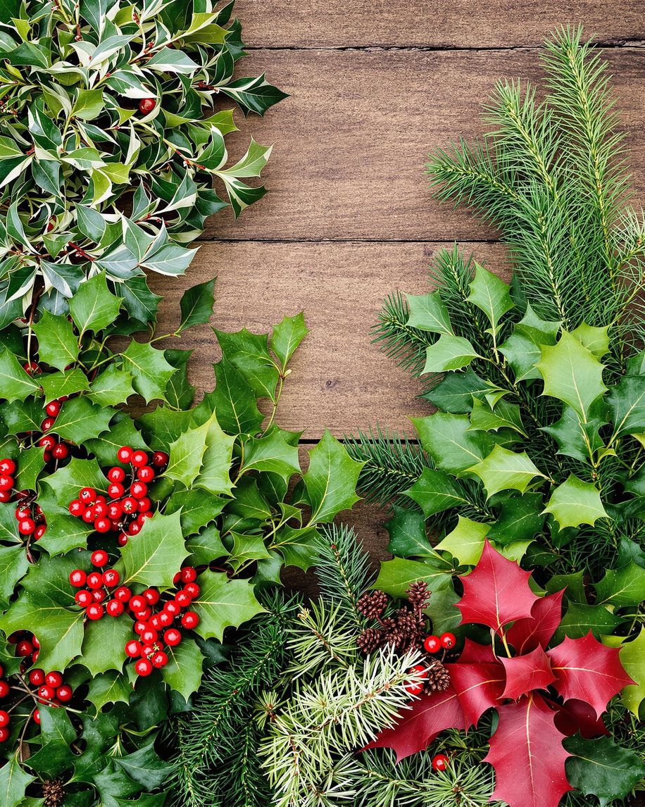 Vibrant Christmas foliage including holly and pine.
