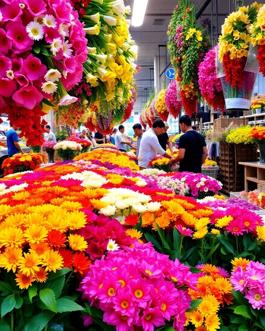 Colourful flowers in a lively Singapore flower market.