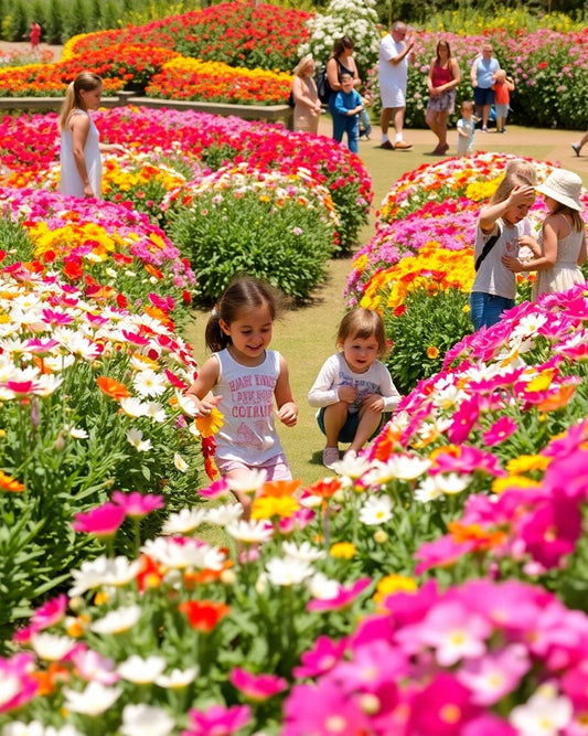 Families enjoying a colourful flower garden on a sunny day.