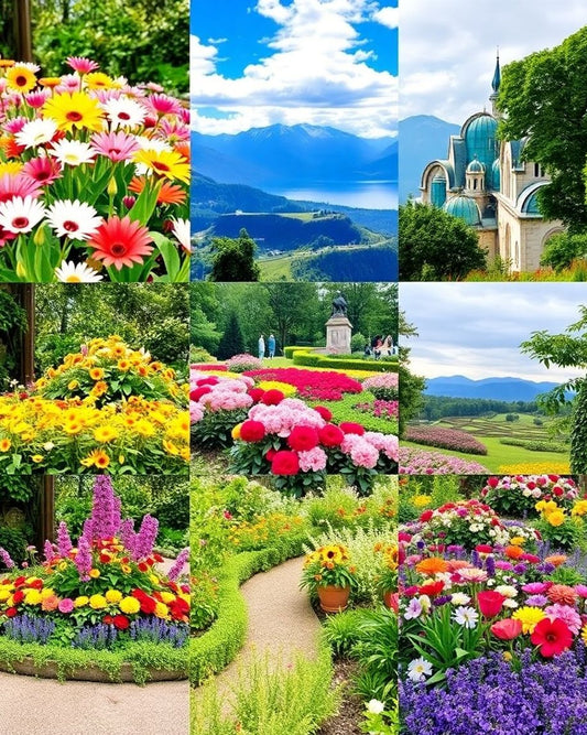 Collage of five famous gardens with blooming flowers.