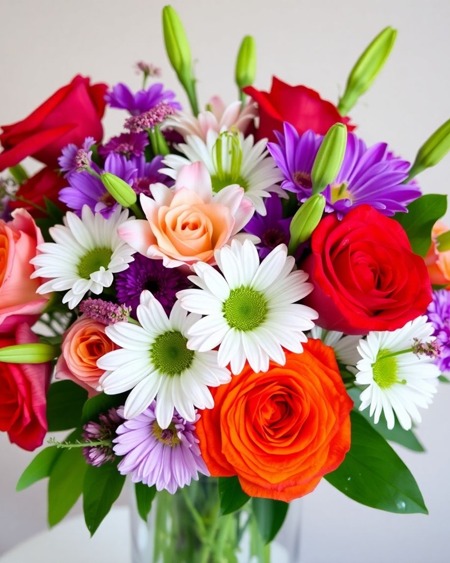 Fresh flowers in a clear vase with vibrant colours.