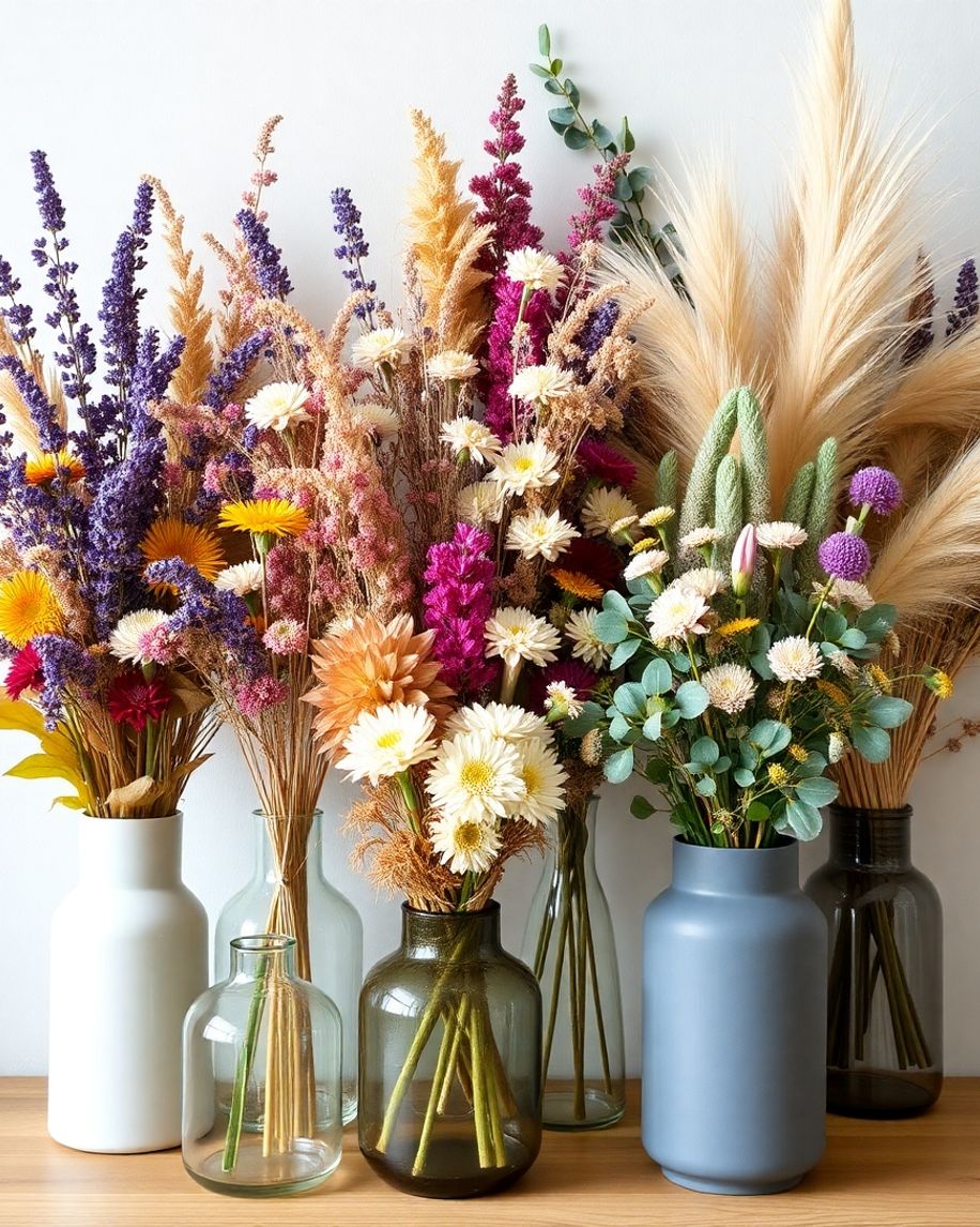 Colourful dried flowers in stylish modern vases.
