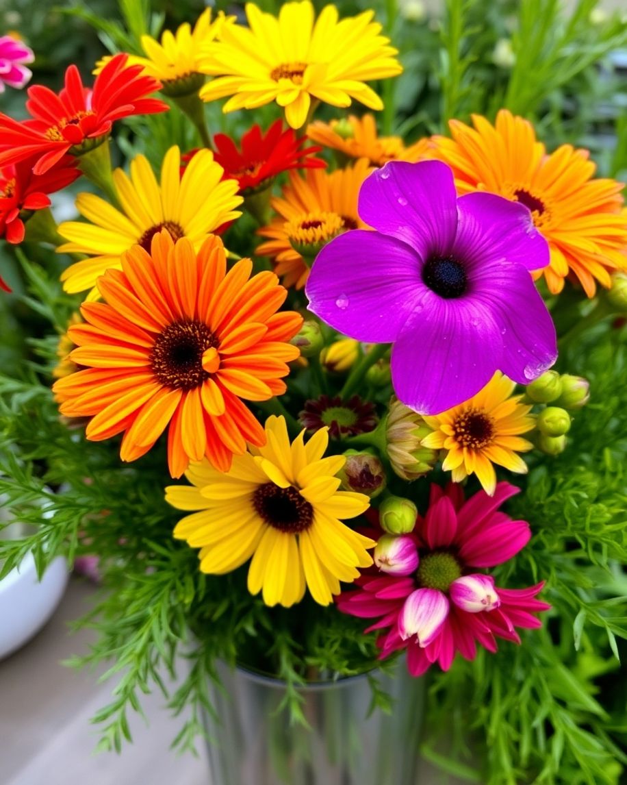 Bright bouquet of fresh flowers in a vase.