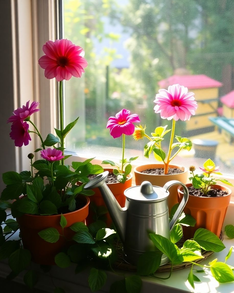 Vibrant flowers in colourful pots with gentle sunlight and care.