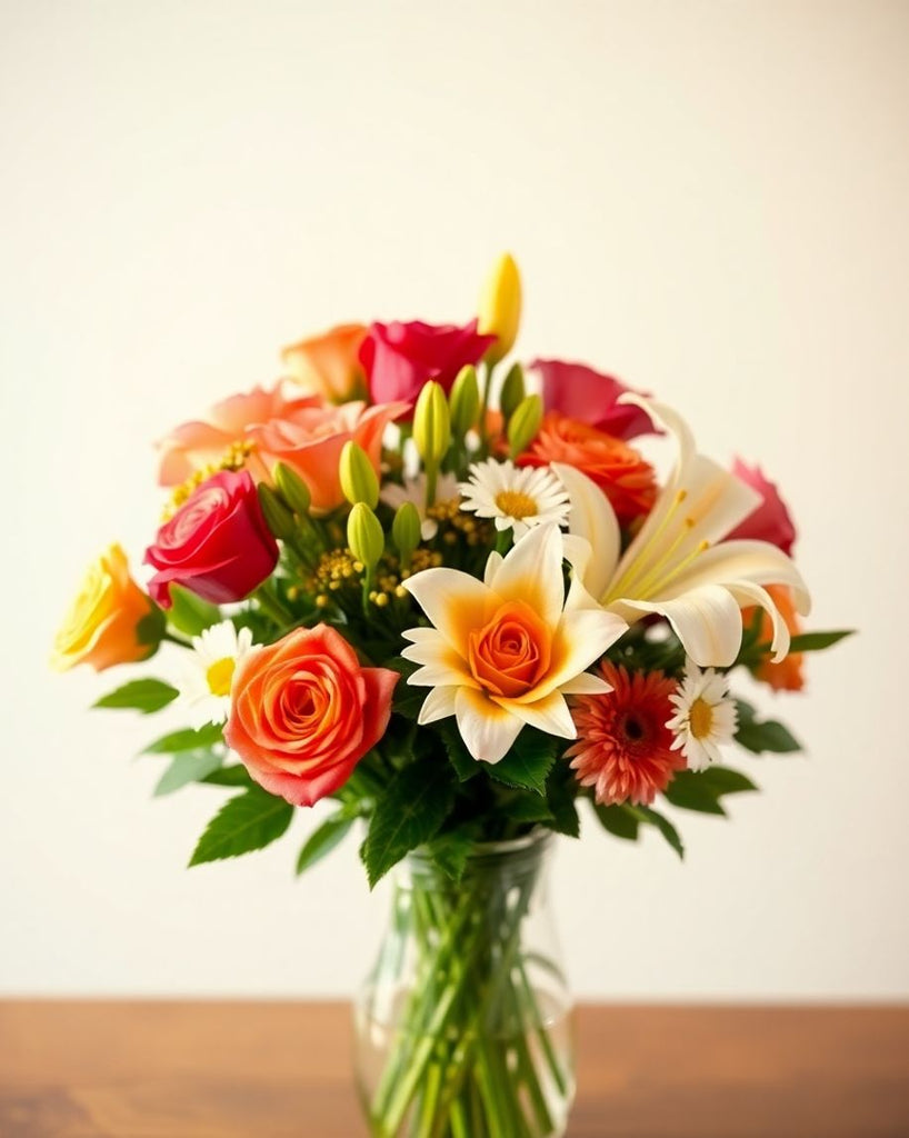 A vibrant bouquet of romantic flowers in a vase.