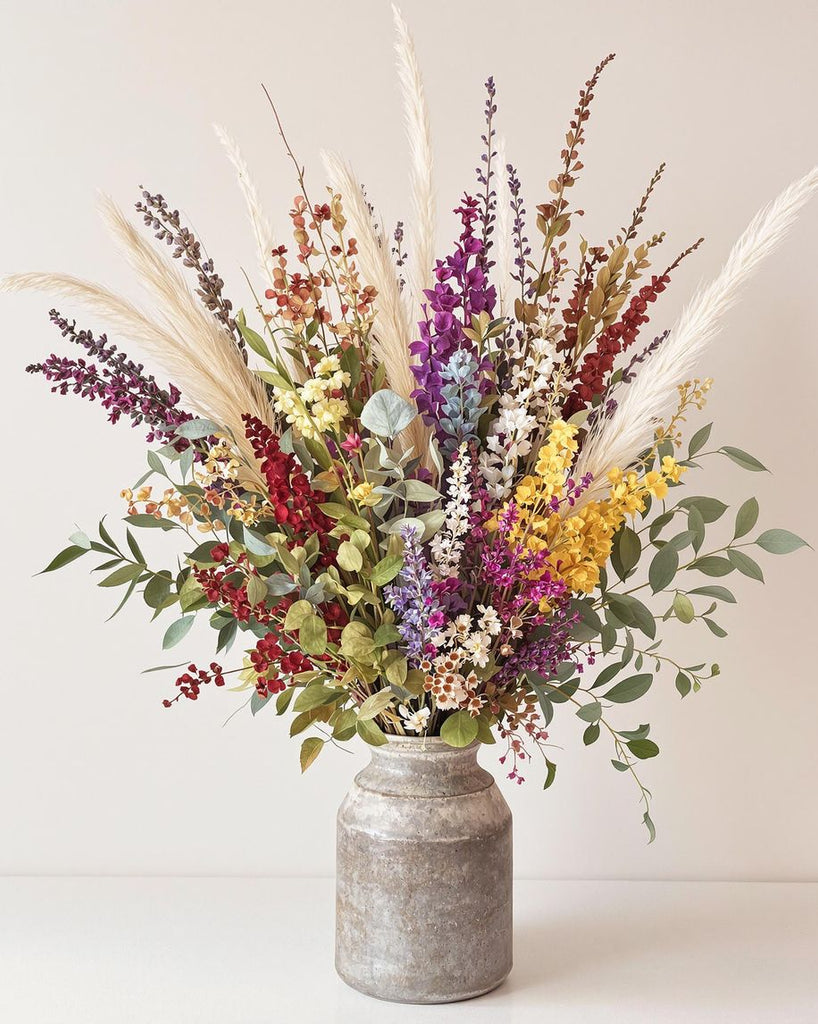 A selection of ten dried flowers in a vase.