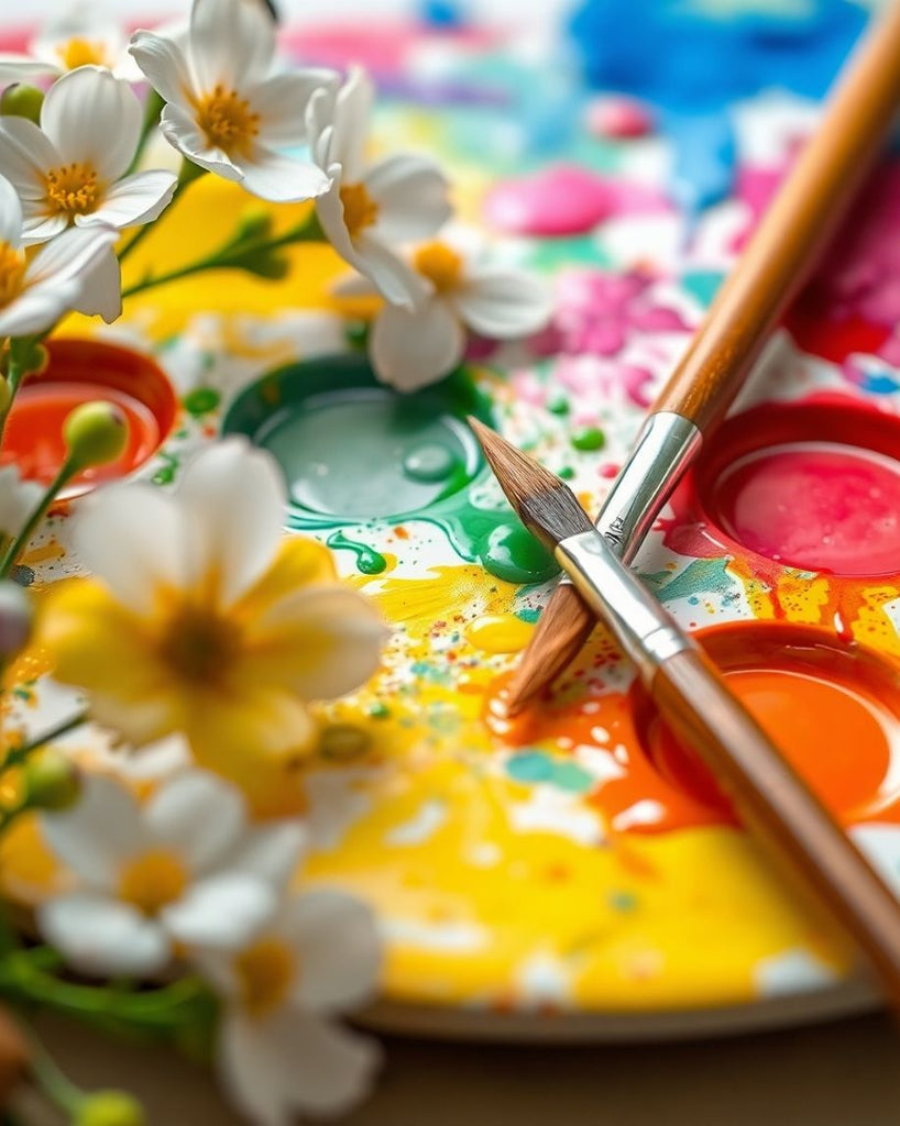 Close-up of a painter's palette and flowers.