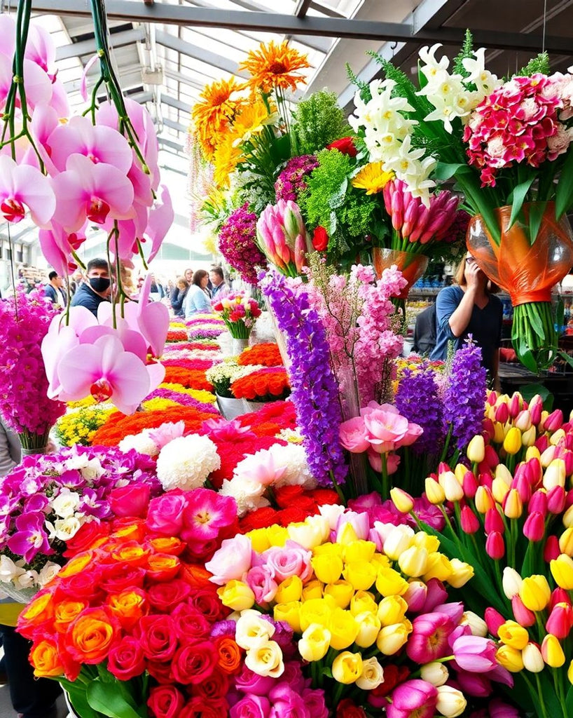 Vibrant flower market in Singapore with colourful blooms.