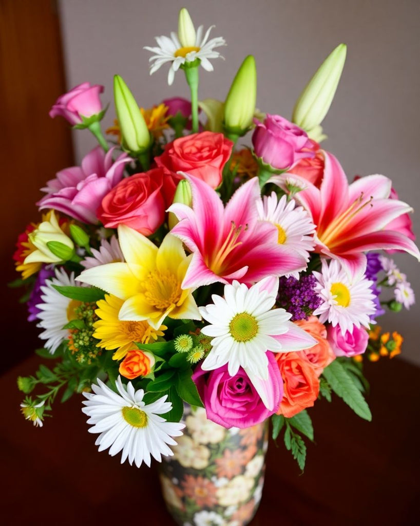 A colourful bouquet of flowers in a vase.