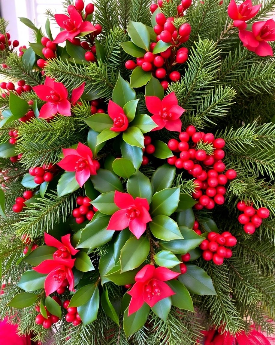 Festive arrangement of Christmas greenery and foliage.