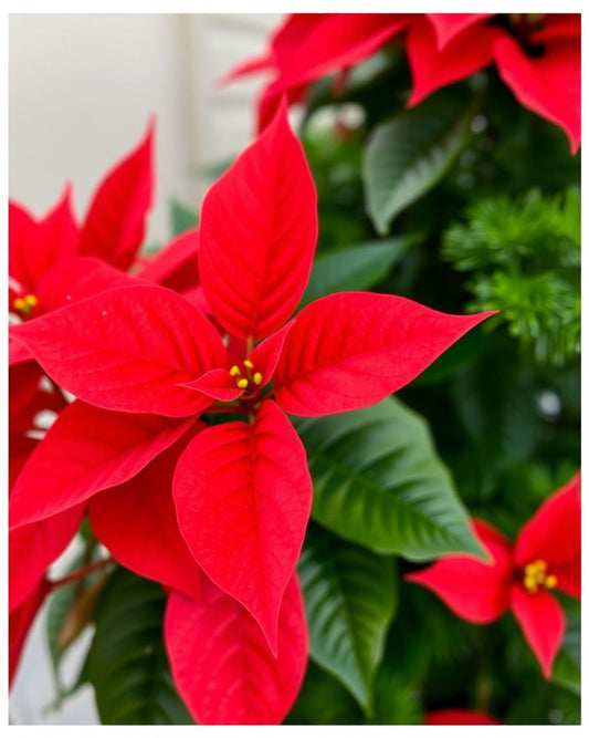 Close-up of a red Poinsettia plant with green leaves.