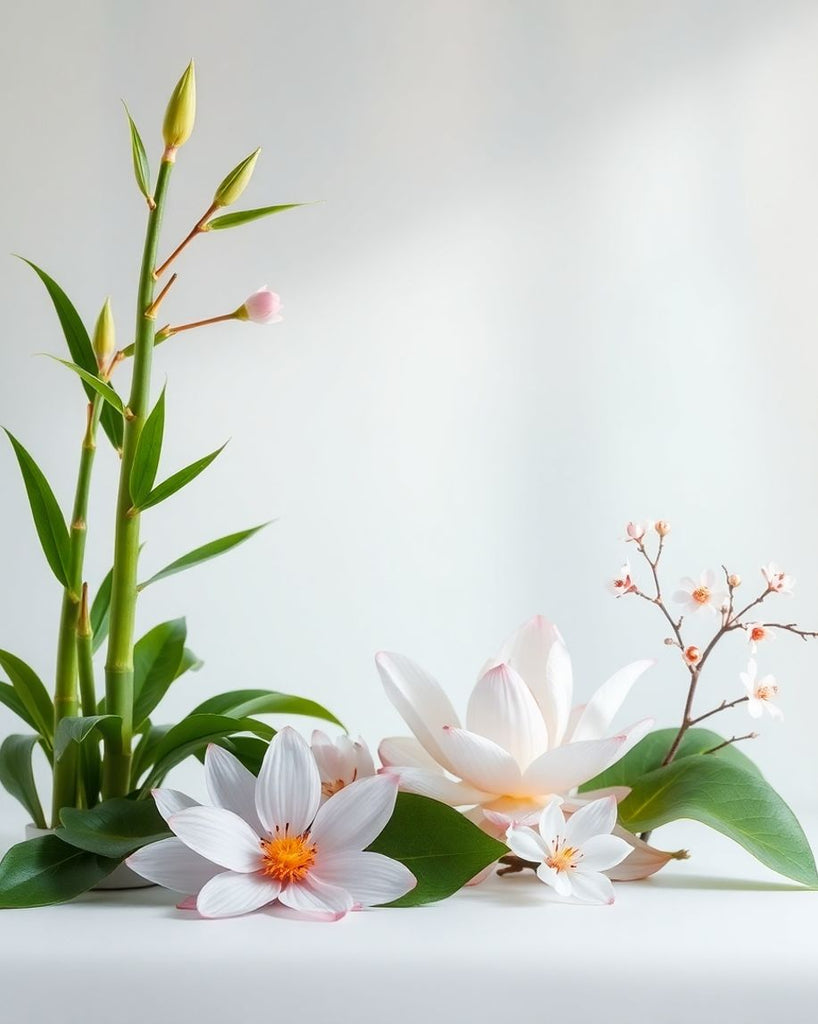 Calming flowers arranged in a peaceful zen space.