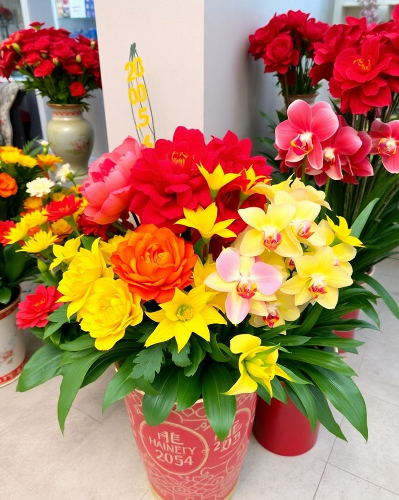 Colourful Chinese New Year flowers in decorative arrangements.