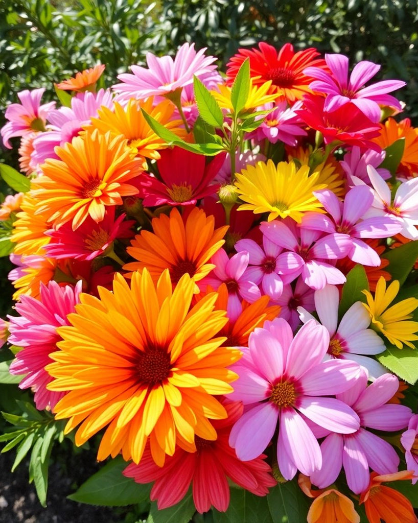 A bright bouquet of colourful flowers in sunlight.