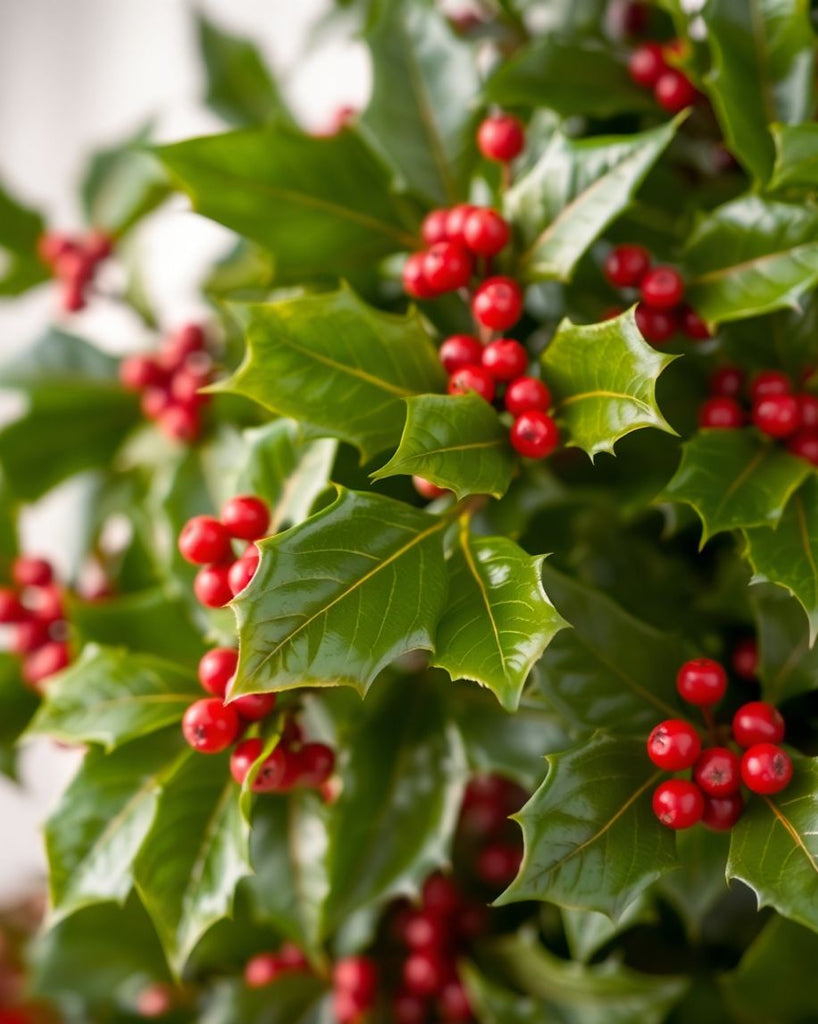 Holly leaves and mistletoe with red berries on green background.