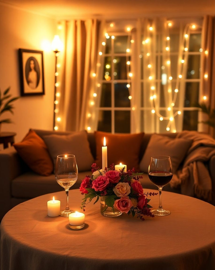 Cozy living room with candle-lit romantic dinner setup.