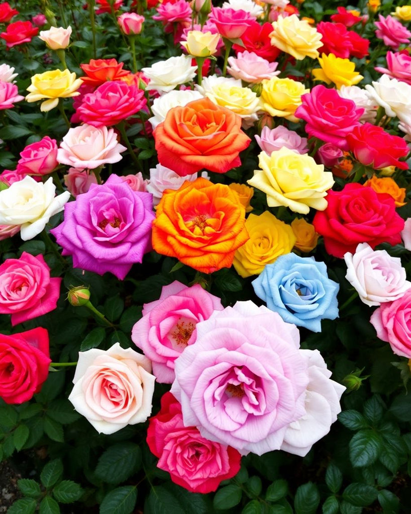 A colourful assortment of unique rose blooms.