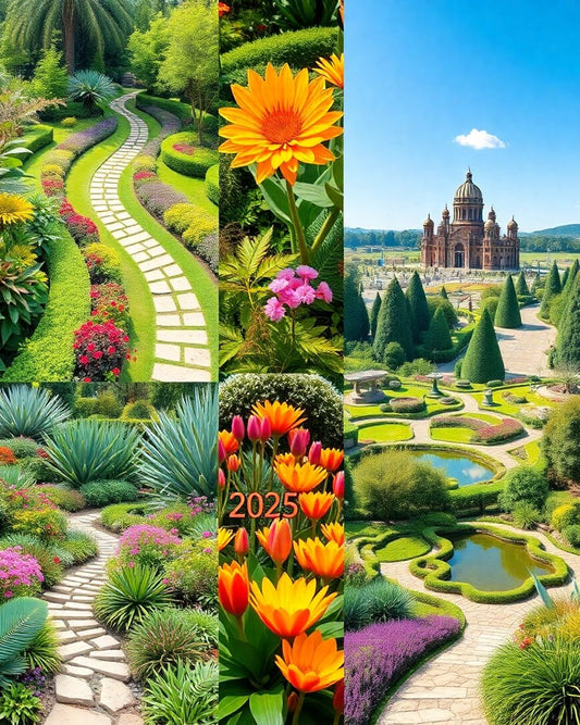 Vibrant botanical gardens with colourful flowers and greenery.