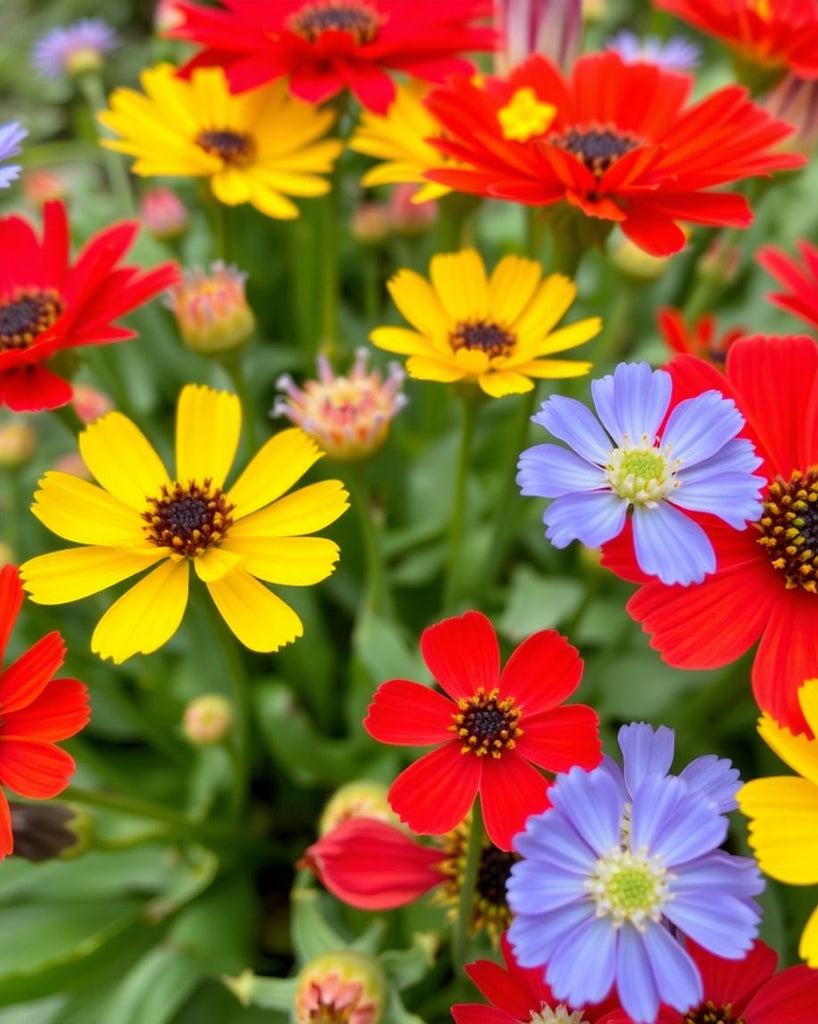 Colourful flowers in bloom against a soft green background.