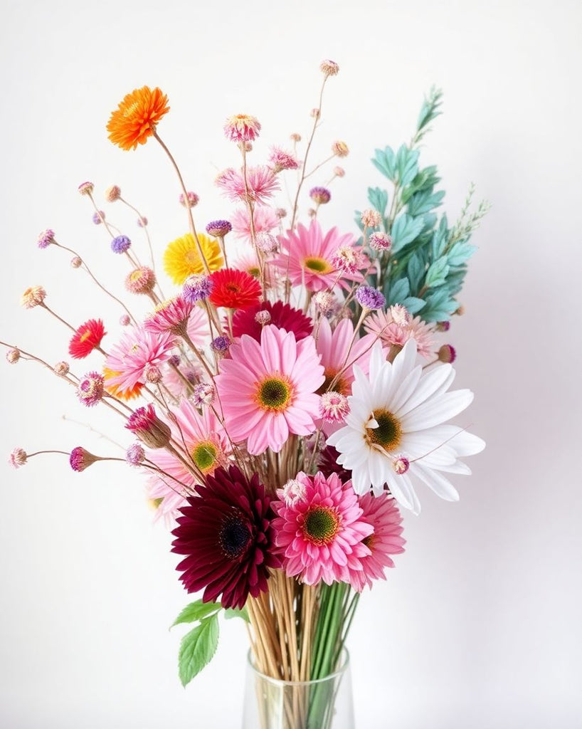 A stylish arrangement of colourful dried flowers.