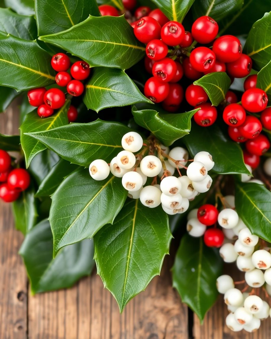Close-up of holly and mistletoe on wooden background.