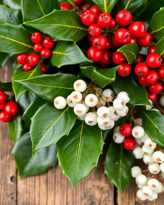 Close-up of holly and mistletoe on wooden background.