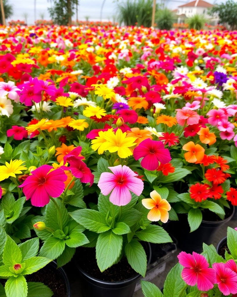 Colourful indoor flowers in bright natural light.