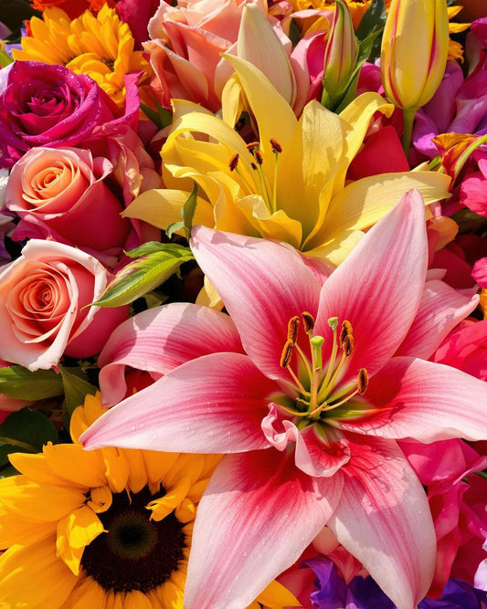 A colourful bouquet of different flowers in bloom.
