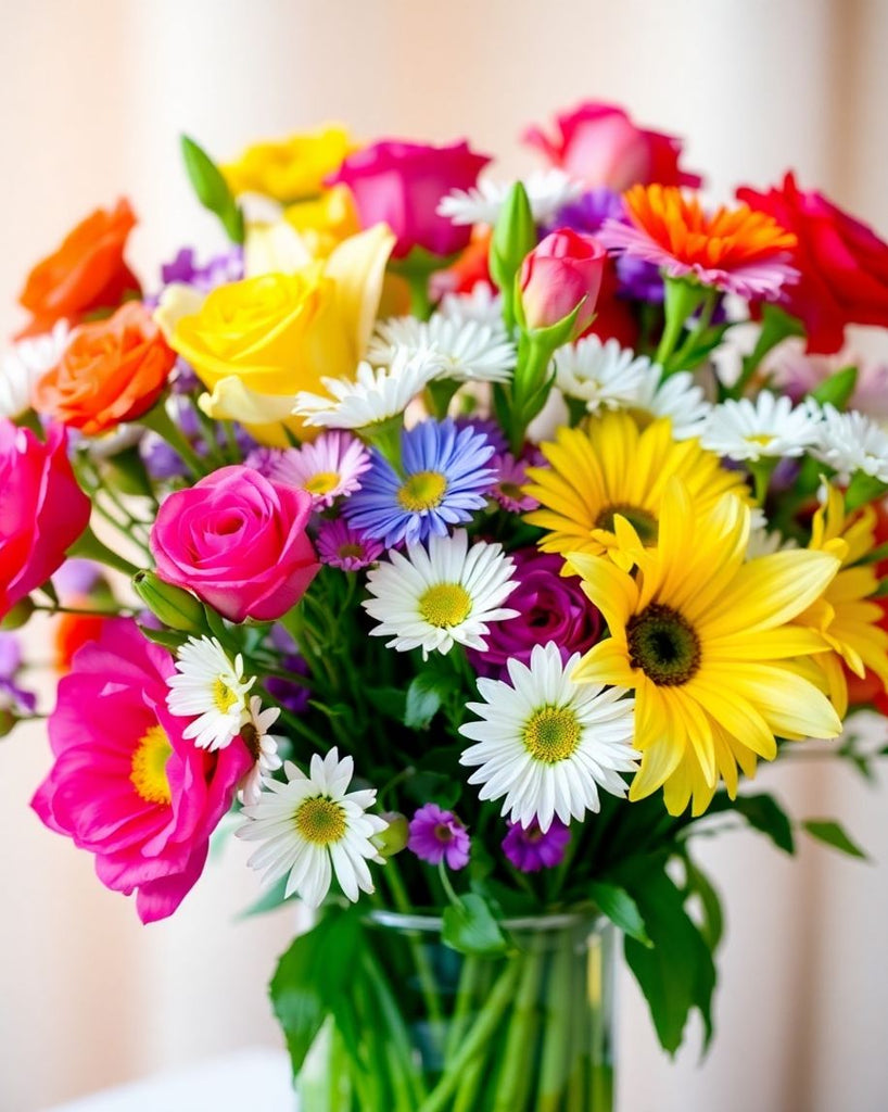 Colourful flowers in a vase for a thank you gesture.