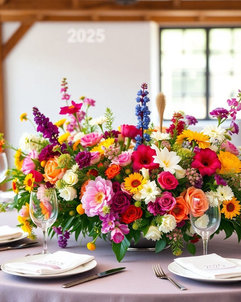 Colourful flower arrangement on a beautifully set table.