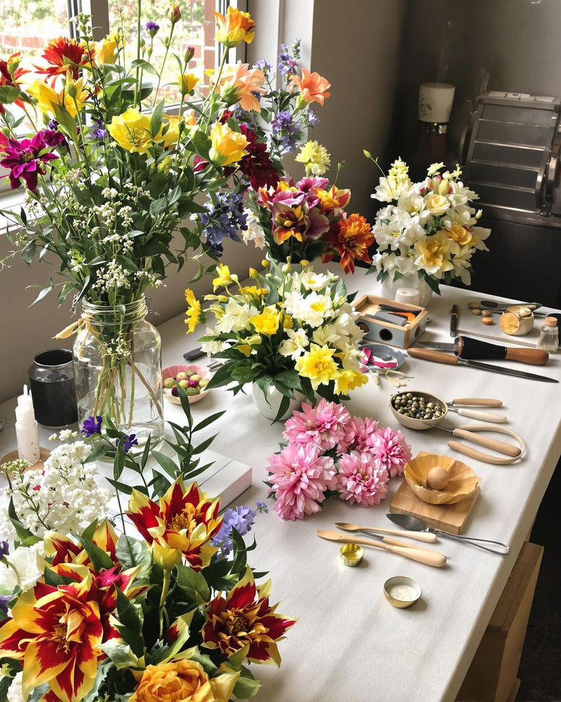 Vibrant flowers arranged beautifully in a serene workspace.