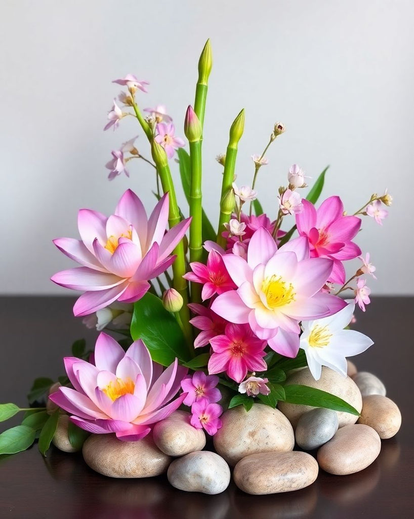 Vibrant flowers in a minimalist zen arrangement.