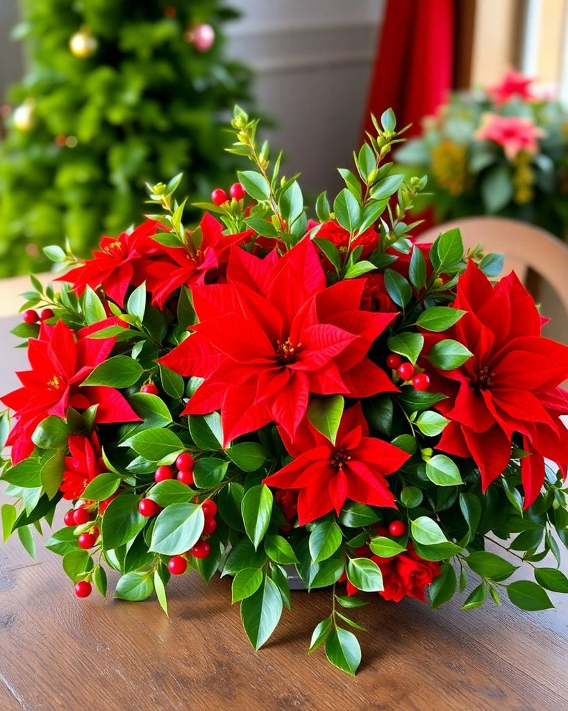 Festive arrangement of Christmas plants on a wooden table.