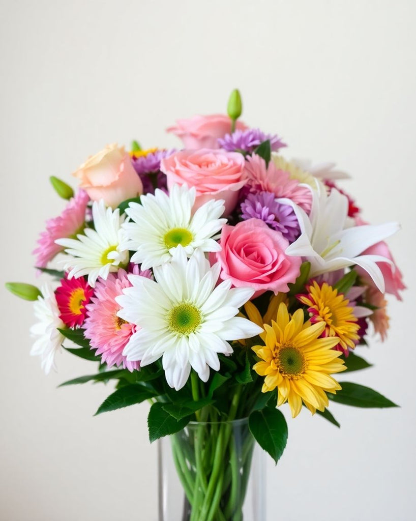 A beautiful bouquet of colourful flowers in a vase.