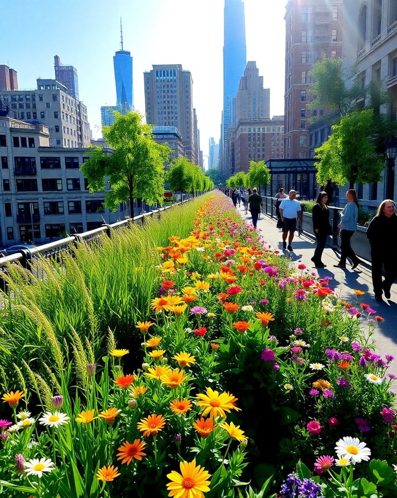 Floral beauty on New York's High Line with urban backdrop.